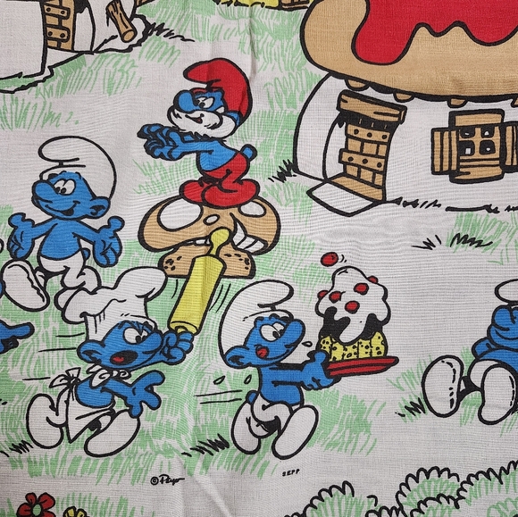 Vintage 1980s "Smurf Village " Twin Flat Bed Sheet Fabric - Picture 11 of 12